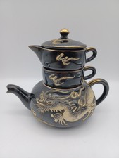 Vintage Dragonware Black Stacking 4 Pc Tea Set JAPAN picture