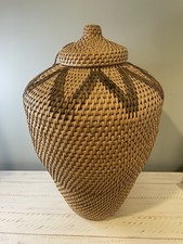 ANTIQUE ? HAND WOVEN DECORATED Ginger Jar COIL BASKET WITH LID Asian? African? picture