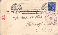 1918 South Africa Censored Cover Johannesburg 2.5d KGV Stamp WWI Postal History picture