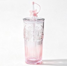 Starbucks Pink Gradient Ribbed Glass Tumbler 18.6oz Sakura Straw Topper Cold Cup picture