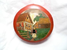 Russian Red Lacquered Round Wooden Box - Peasant Woman Outdoor Scene picture