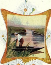 1909 Christmas Man In Boat Postcard Greetings Lake Scene Daisy Flowers  picture