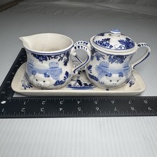 3Pcs Vintage Delft Windmill Hand Painted - Butter Dish, Sugar w Lid, Creamer picture