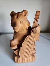 Vintage  Folk Art Carved Wood Bear Playing  Cello Cabin Decor 6.25
