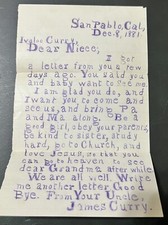 1881 PURPLE HANDWRITTEN LETTER SAN PABLO CALIFORNIA FROM UNCLE JAMES CURRY picture