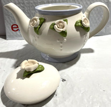 Teleflora White Teapot with Pink Roses Large Tea Pot 6-1/2