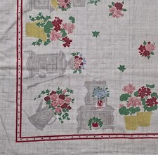 1950s SIMTEX Hand Printed Tablecloth Geraniums Wood Stove 42x48 Memories Vintage picture