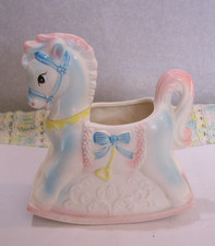 ​Vintage Rubens Japan Rocking Horse Planter 636M Pastel Pink Blue Baby Nursery picture