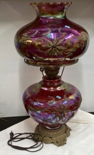 Vintage Opalescent Glass Ornate Lamp Cranberry Hurricane picture