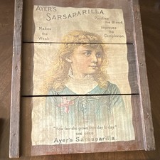 Ayer's Sarsaparilla Original Wooden Advertising Sign Pre-1930 Beige Brown Green picture