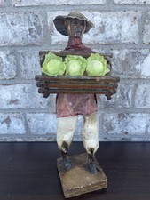 Vtg Mexican Folk Art Figurine Paper Mache Man Holding 3 Cabbage Heads In Crate picture