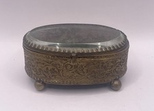 Antique Fancy Brass Oval Beveled Glass Jewelry Casket Box picture