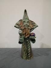 Vintage Ceramic Wizard Sorcerer Figurine with Crystal Balls & Green Glaze picture