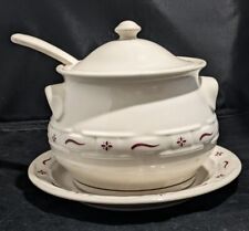 Longaberger Pottery Woven Tradition Classic Red Tureen Lid Ladle & Under Plate  picture