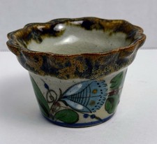 Signed Tonala Pottery 2” X 3” Planter Pot Bowl Butterflies Butterfly Mexico picture