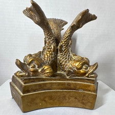 Gold/Bronze Tone Metal Double Fish Figurine on Base, 3D Antique Finish picture