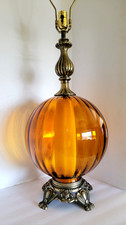 Vtg Mid Century Hollywood Regency Optical Amber Glass Globe Lamp picture