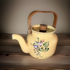 VTG MCM Enamel Tea Kettle Bentwood Teak Handle Beige Cream Hand Painted Floral picture