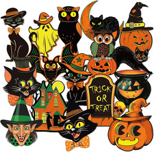 48 Pcs Vintage Halloween Cutouts Retro Pumpkin Witch Cat Cut-Outs picture