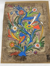 Hand-Painted Mexican Amate Bark Paper Art Bird Flowers Folk Painting 15”x12” picture