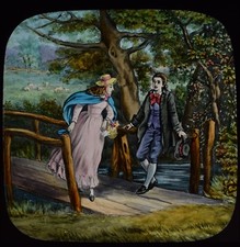Glass Magic Lantern Slide YOUNG GEORGIAN COUPLE ON BRIDGE C1890 DRAWING LOVERS picture