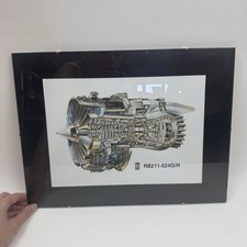 VINTAGE ROLLS ROYCE RB211-524 JET ENGINE CUT AWAY POSTER GLASS FRAME FROM GERMAN picture