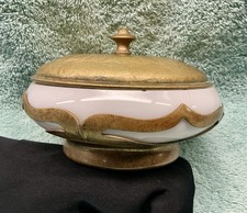 Vintage Porcelain Covered Vanity Dish w/Brass Lid and Trim by EARNER BROTHERS picture