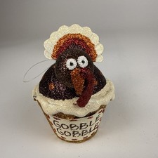 Pier One VINTAGE Ornament Thanksgiving Glitter Cupcake Turkey RARE HTF. EUC picture