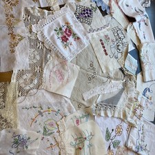 30 pc lot  Vtg Embroidered Linen Crochet Lace Trim Cutter Craft Lot Slow Stitch picture