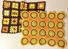 VTG 70s Crochet Placemat Set 2 Granny Square Flower Power Orange Brown Yellow picture