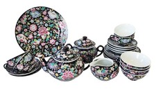 VTG Chinese Export Famille Noir Millefleur Jingdezhen Porcelain Tea Set 26 Pcs picture