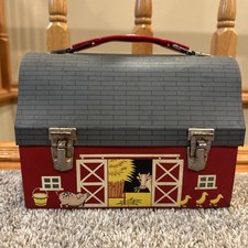 Vintage Red Barn Open Door Dome Top Metal Lunchbox From 1950’s No Thermos picture