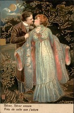 Moonlit Lovers Kiss Romance Gilt Embossed c1900s-10s Vintage Postcard picture