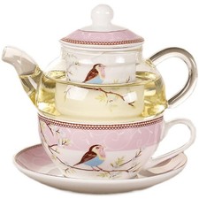 Tea for One Set, Glass Teapot with Porcelain Infuser Strainer and Cup & Saucer- picture