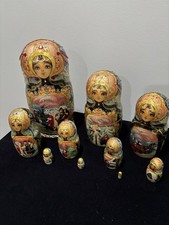 Hand-Painted Russian Matryoshka Nesting Dolls Set 10 Winter Scene Initial signed picture