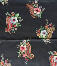 80s Vintage Fabric Cotton Paisley Floral Black Concord Large Scale 45