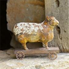 New Primitive Antique Style SHEEP ON WHEELS FIGURINE Farm Animal Cart Figure 7