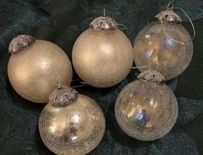 5 Vintage Crackle Kugel Style Ball Heavy Glass Christmas Ornaments Silver Gold picture