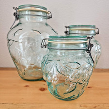Vintage Green Tint Glass Jar Vitoria Etrusca Hermetic Canister Italy Set of 3 picture