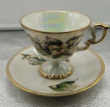 VTG Green White Lily Valley Of Flowers Lusterware Porcelain Teacup Saucer Set picture