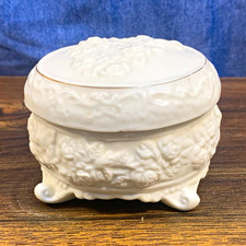 White Floral Embossed Ceramic Trinket Box w/ Lid, Approx. 4 in Diameter picture