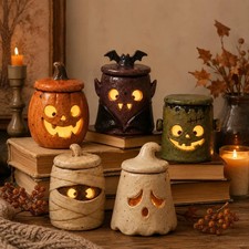 Spooky Halloween Ceramic Candle Holder Pumpkin Ghost Black Cat Fall Decor Gift picture