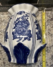 Vtg Wall Pocket Ceramic Vase Baum Brothers Formalities Cobalt Blue & WhiteFloral picture