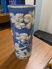 Vintage Blue Jasperware Cylindrical Spill Vase Cup Angels picture