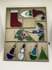 8 Vintage Stained Glass Christmas Ornaments Suncatchers W/custom Storage Trey picture