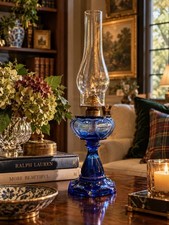 ANTIQUE Blue Glass Oil Lamp with Chimney Brass Burner CLEAN Victorian picture