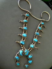 Native American Bisbee Turquoise Sterling Silver Squash Blossom Bead Necklace picture