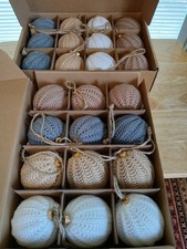 2 12 Pc Sets Of Crocheted Boho Christmas Ornaments In Blue, White & Tan, NIB picture
