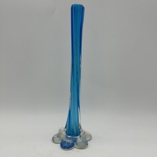 VTG Narrow Twisted Stemmed Flower Vase W/Elephant Foot Blue & ClearArt Glass 11” picture