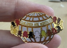 Vintage “Kids Are Worth It ” pin School Teacher Lapel  Holding Hands  Globe 3/4” picture